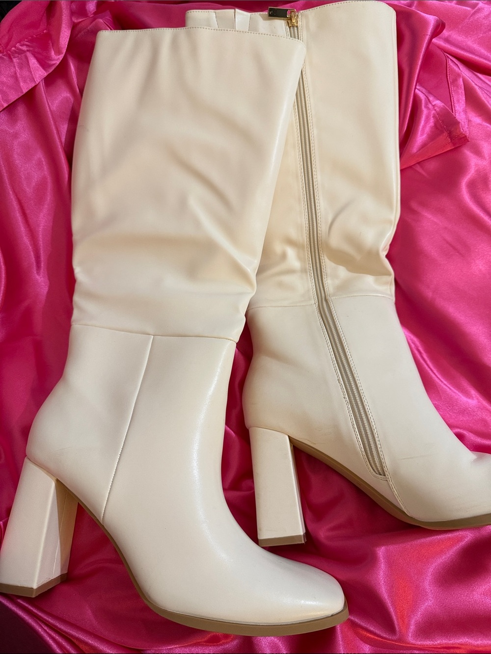 Women's Cream Mid-Calf Block Heel Boots